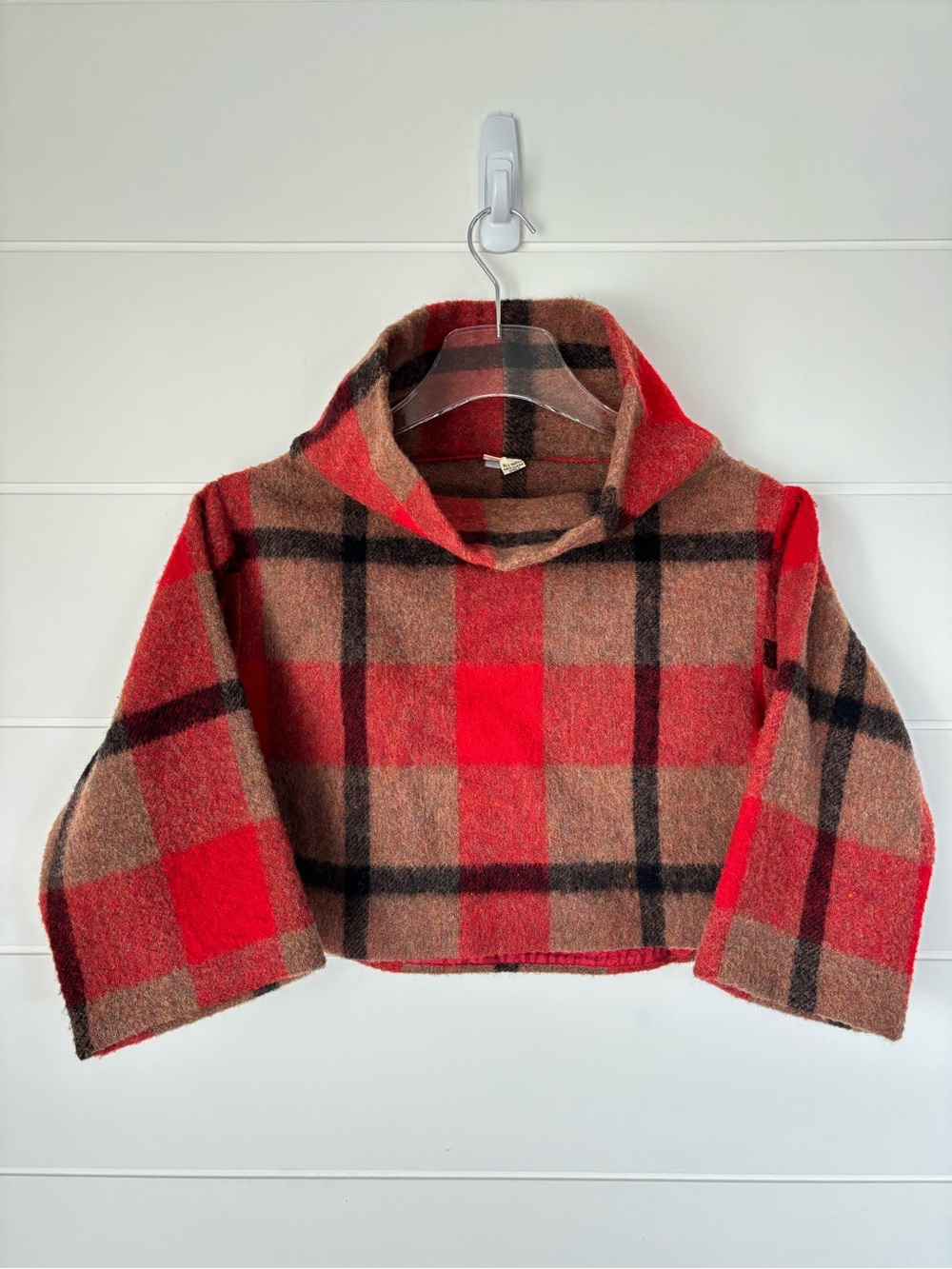 Vintage Handmade Cropped Wool Boxy Funnel Neck Pullover Red Plaid Medium